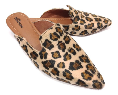 Mule Feminino Calçados Bico Alongado Onça Animal Print Luxo