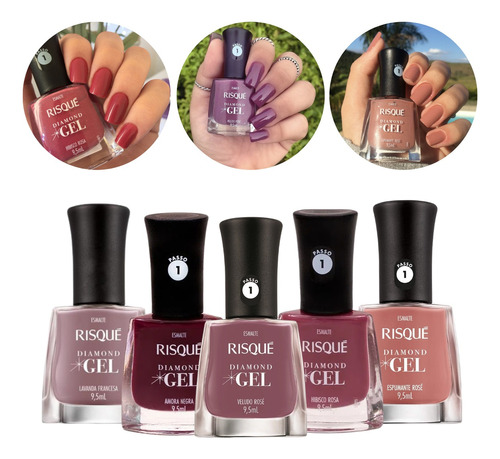 Kit 5 Esmaltes Risque Diamond Gel Hipoalergênico Nude Rosado