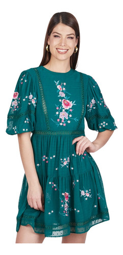 Oferta! Vestido Bordado Cklass 973-73 Verde Talla M