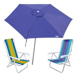 Kit Guarda Sol Ombrelone 2,4m Azul Cadeira Alumínio 8 Pos