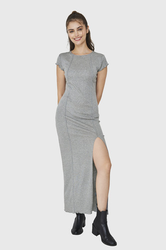 Maxi Vestido Tajo Y Costuras Gris Nicopoly