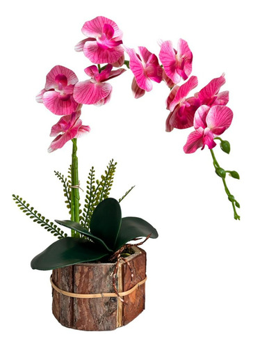 Arranjo Orquídeas Artificiais Silicone 40cm Vaso Madeira