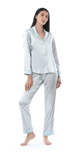 Pijama Mujer Satin Detalle Floral Gris - Noite