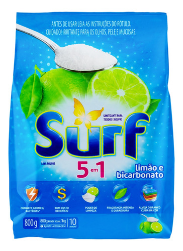 Sabão Em Pó Surf Limão E Bicarbonato Antibacterial Pacote 800 G