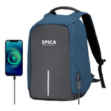 Mochila Antirrobo Impermeable Spica M-10 Usb Porta Notebook Color Azul