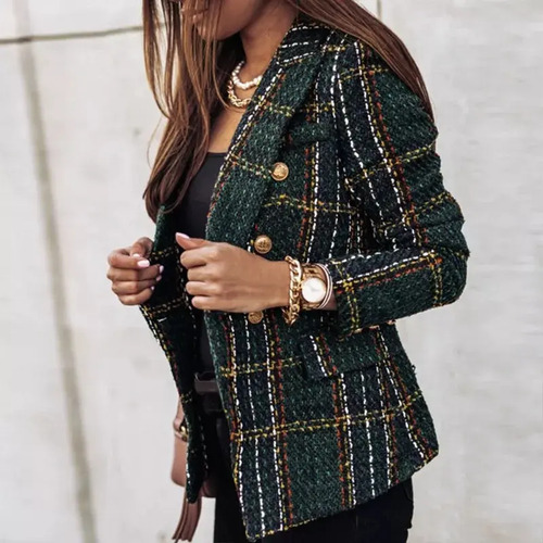 Chaqueta De Mujer De Manga Larga A Cuadros Blazer Tweed