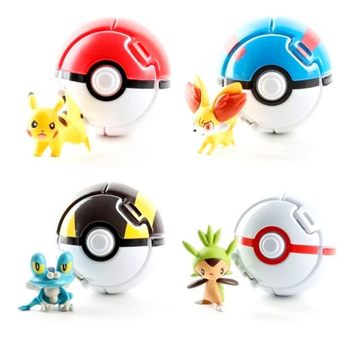 4 Pokeball Articulada + 8 Pokemon Al Azar Pokebolas Pikachu