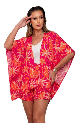 Conjunto Verão Kimono E Short 100% Viscose P Ao Gg