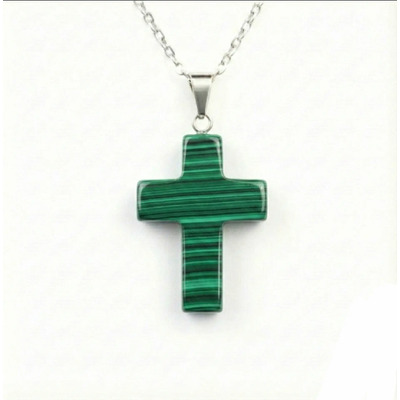 Collar Dije Mini Cruz Cuarzo Amatista Obsidiana Cadena Acero Malaquita Verde