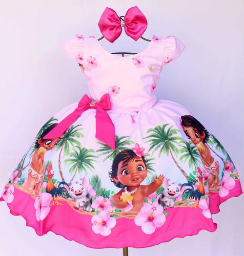 Vestido Infantil Moana Rosa Luxo Aniversário Oferta E Tiara