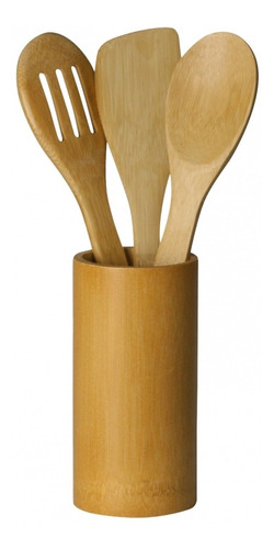 Conjunto De 3 Utensílios De Bambu 30x6 Cm E 1 Suporte