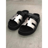 Sandalias Baja Negras Con Plateado Modelo Hermes De Cuero Pu