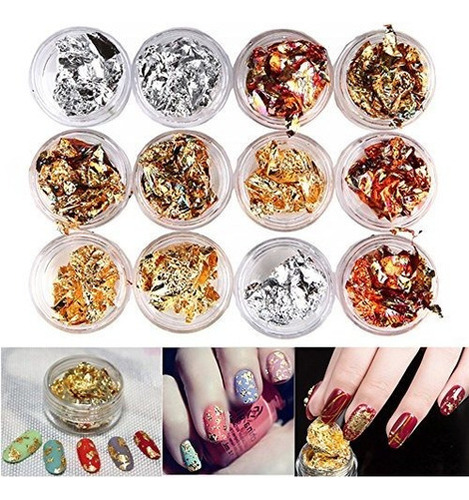 Meilinds 12 Cajas Nail Art Foil Sticker Oro Plata Acrilico