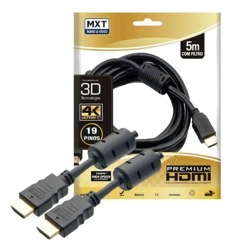 Cabo Hdmi Ultra Hd Premium De 5 Metros - Mxt