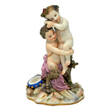 Antigua Figura En Porcelana Meissen Fauno Y Cupido Alemania