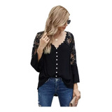 Blusa Mujer Encaje Suelto Cuello V Manga Larga [u]