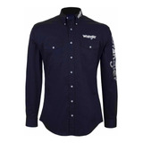 Camisa Wrangler Original Caballero Azul Marino Logo Manga 