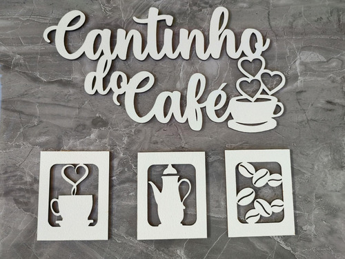 Kit Cantinho Do Café Mdf Branco Alto Relevo 4 Peças