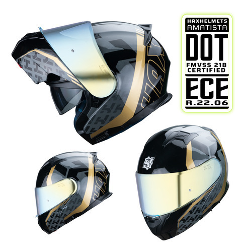 Hax Helmets. Casco Moto Abatible Dot + Ece 06. Amatista Wind Color Dorado Oscuro / Negro Tamaño Del Casco M - Mediano