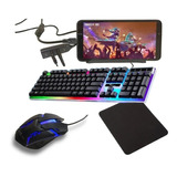 Kit Teclado Mouse Pad Gamer P/ Celular Hub Otg 