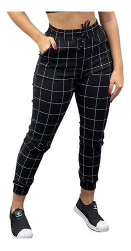 Calça Feminina Jogger Bengaline Xadrez & Preto Branco M G Gg