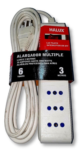 Alargador Halux 6 Tomas 3m Blanco Interruptor On Off