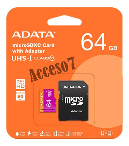 Memoria Micro Sd Xc 64gb Adata Uhs-i Clase 10 Full Hd A1 V10 U1 Microsd Sdxc 50mb/s Con Adaptador A Sd