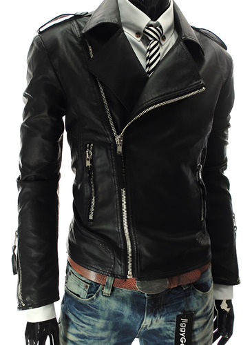 Chamarra Rockera De Piel Hombre Cierre Cruzado Moda Biker B8