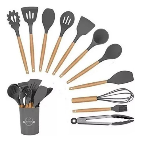 Juego Utensillos De Cocina 11 P C/ Soporte Madera Y Silicona