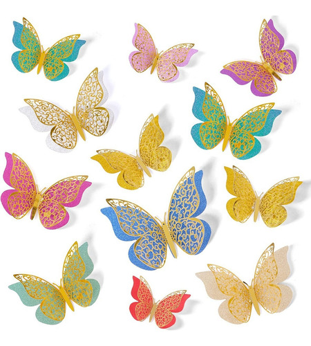 12 Mariposas 3d Papel Metalizado Decorativas Pared Dorado