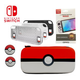 Case Capa Switch Oled Pokemon + Pelicula Vidro + 2 Grips