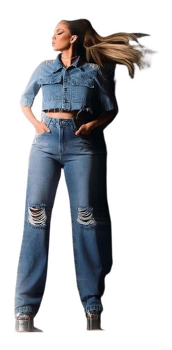 Jaqueta Feminina Jeans Cropped Franja