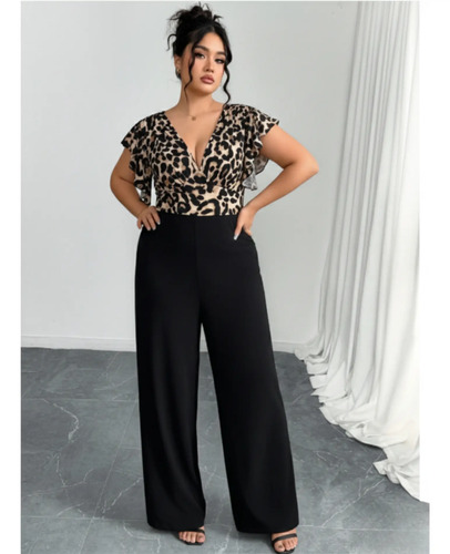 Jumpsuit Palazzo Negro Elegante Formal Animal Print Curvy