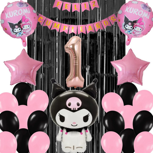 Combo Deco Kuromi Globo 3d + Estrellas + Feliz Cumpleaños 