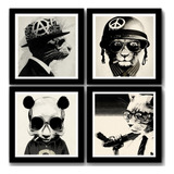 Kit 4 Quadros Leão Panda Lobo Gato Hipster Arte Urbana Decor