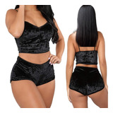 Pijama Conjunto Sexy Seda Terciopelado Short Remera Bretel