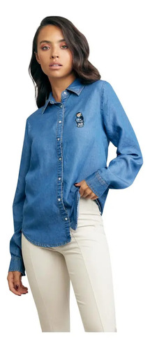 Camisa Mezclilla Manga Larga Casual Holly Land Azul De Dama