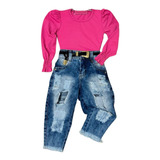 Conjunto De Menina Blusa Manga Bufante Calça Jeans Infantil