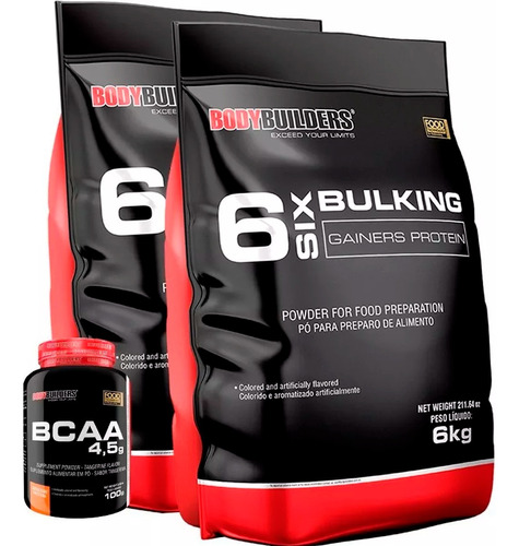 Kit 2x Hipercalórico Six Bulking 6kg + Bcaa 100g Sabor Morango