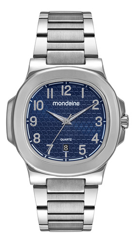 Relógio Mondaine Masculino Quadrado Prata Azul Com Numeros 