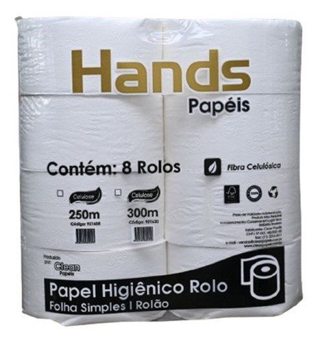 Papel Higiênico Hands Prime 100% Celulose 8x300m 