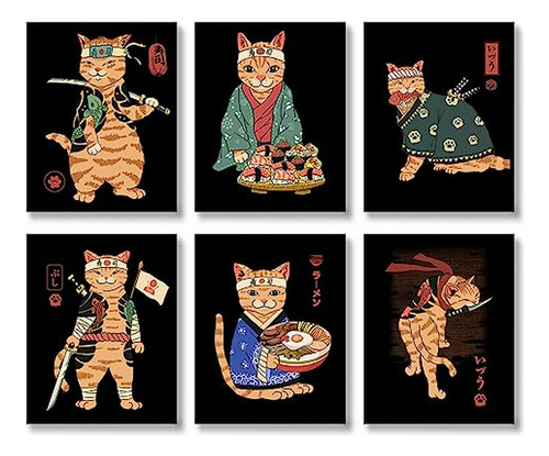 Conjunto De 6 Impresiones De Arte De Gato Samurái Para Decor