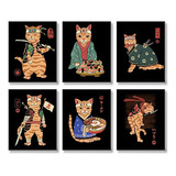Conjunto De 6 Impresiones De Arte De Gato Samurái Para Decor
