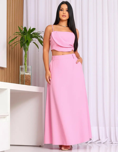 Conjunto Saia Longa E Cropped Alfaiataria Verão Social | Frete grátis