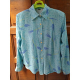 Camisa Celeste Oscuro Flores Azules Retro Vintage