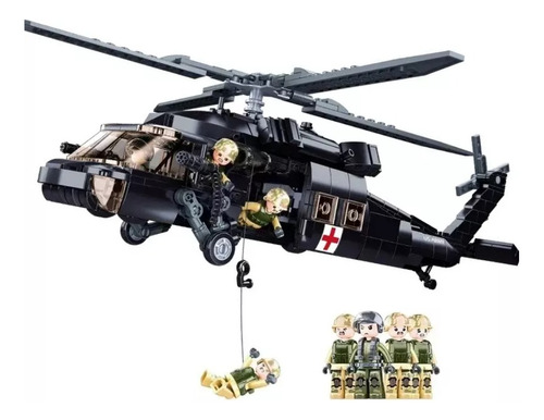Helicóptero Combate Bloques Armar + 4 Figuras Tripulación  