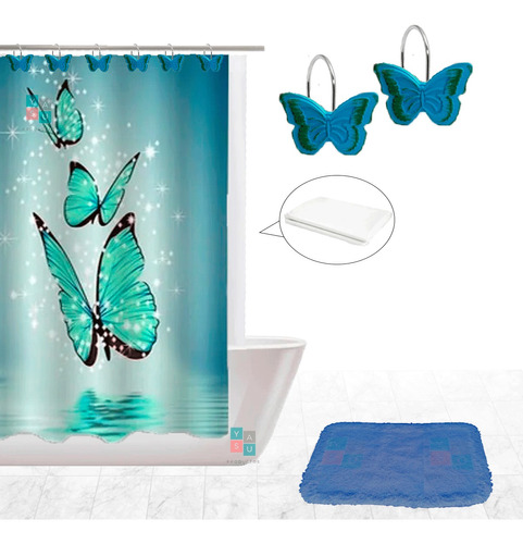 Combo Cortina Baño Diseño Moderna Tela Estampada Mariposas