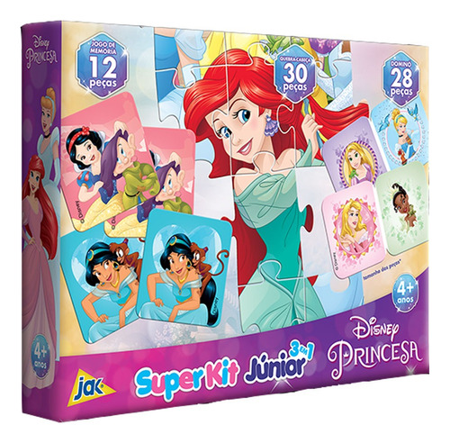 Super Kit 3em1 Disney Princesas Quebra Cabeça Memoria Domino