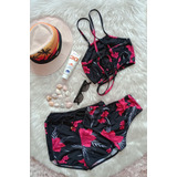 Conjunto Trikini Biquíni Cruzado + Short Praia ( 3 Peças)