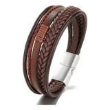 Pulsera Hombre Cuero Trenzado Marron Cierre Iman 5 En 1